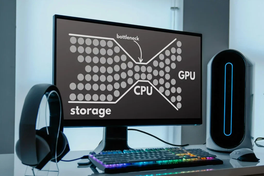 Diagram on a desktop monitor explaining CPU bottleneck and how it restricts GPU and storage performance.