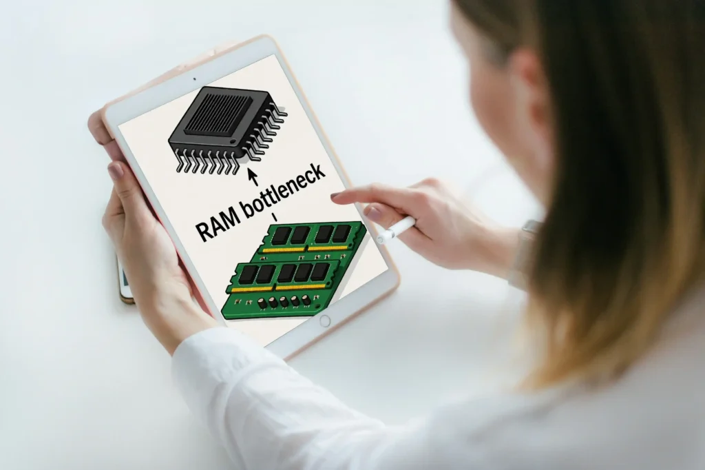 Explaining RAM bottleneck with a tablet graphic showing memory modules and processor connection.