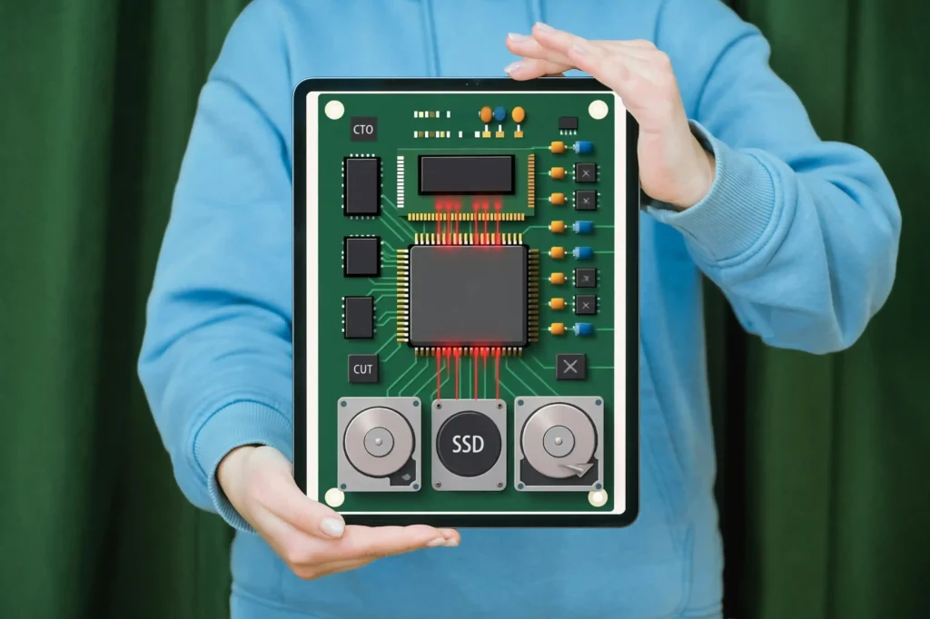 Illustration of storage bottleneck concept with SSD and circuit board components displayed by a person.