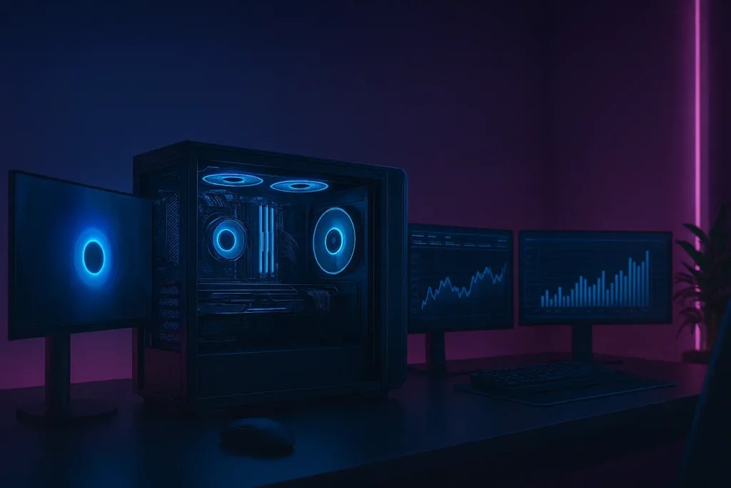 Gaming PC with RGB lights showing CPU and GPU performance.