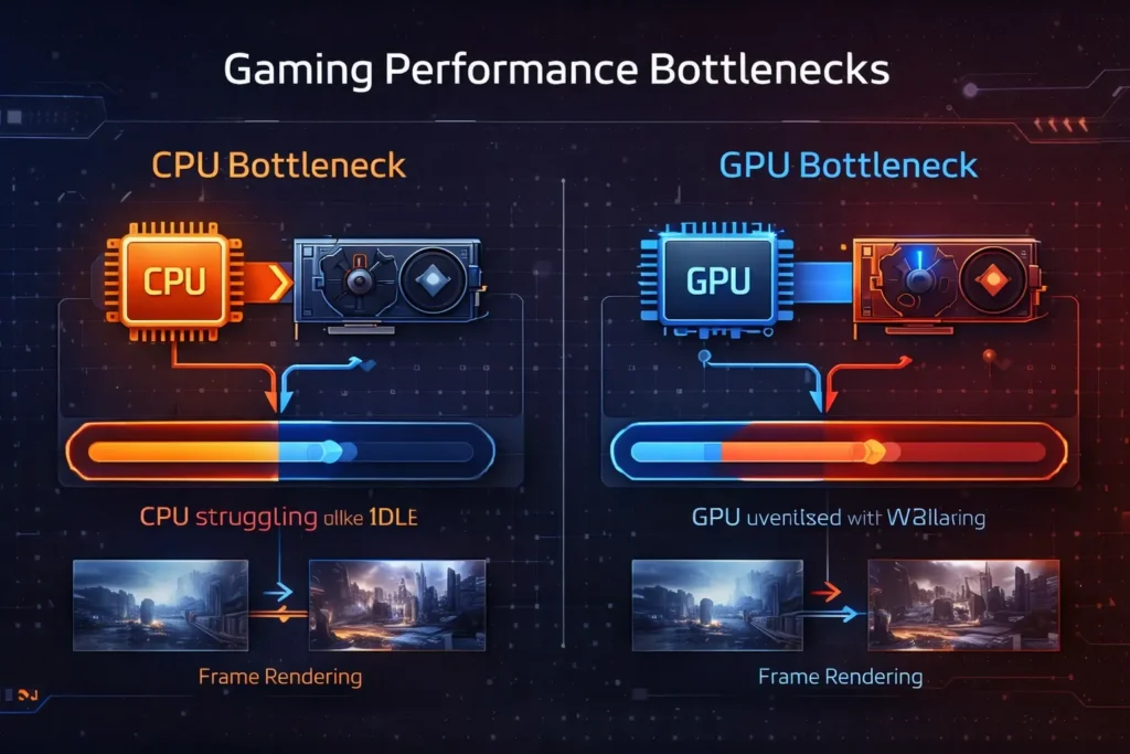 Gaming performance infographic explaining CPU bottleneck and GPU bottleneck issues