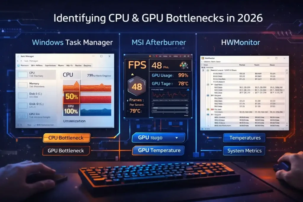 Infographic showing how to identify CPU and GPU bottlenecks using Windows Task Manager, MSI Afterburner, and HWMonitor