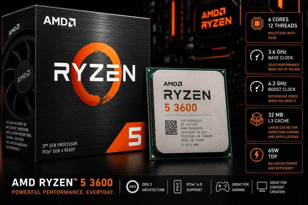 AMD Ryzen 5 3600 processor chip and retail box with specs shown: 6 cores 12 threads, 3.6GHz base, 4.2GHz boost, 32MB L3 cache, 65W TDP