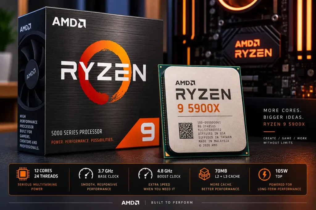 AMD Ryzen 9 5900X processor chip and retail box with specs shown: 12 cores 24 threads, 3.7GHz base, 4.8GHz boost, 70MB L2+L3 cache, 105W TDP